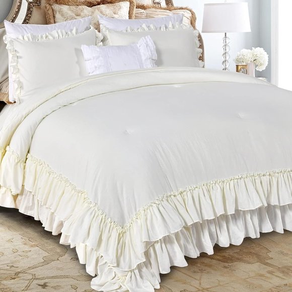 Ivory Queen Size Bed Comforter Set Cream French Shabby Chic Bedding Stone Washed - Picture 1 of 12